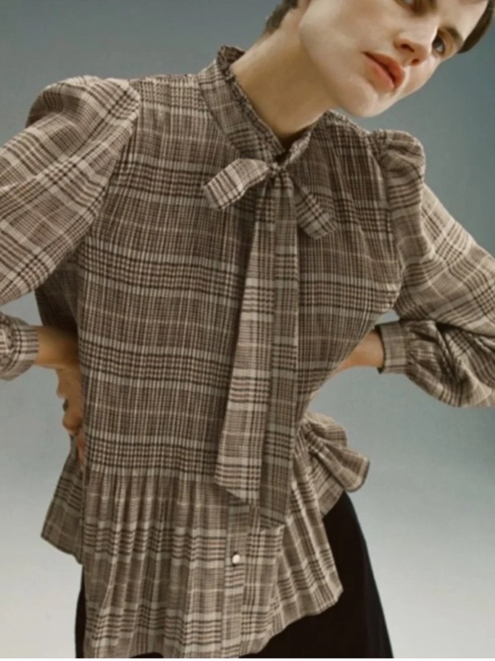 Zara Plaid Bow-Tie Blouse in Beige and Brown